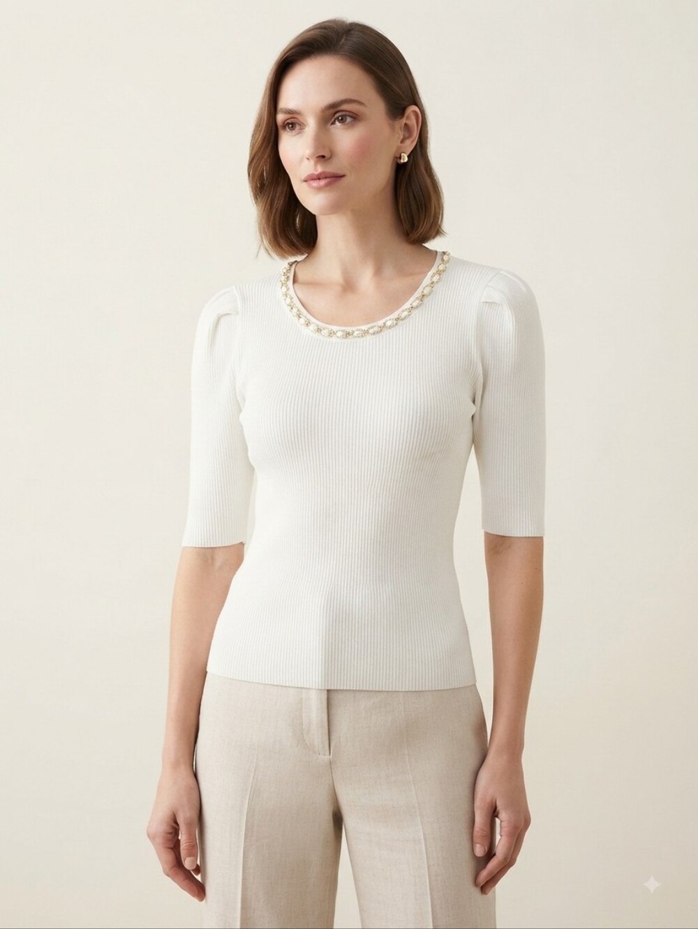Nanette Lepore Cream Ribbed Short-Sleeve Top with Chain-Trim Neckline